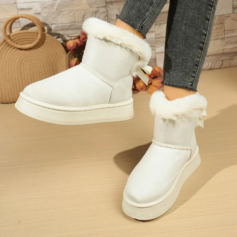 Winter New Snow Boots Fashion Round Toe Bow Suede Sleeve Platform Non-Slip Warm Cotton Boots