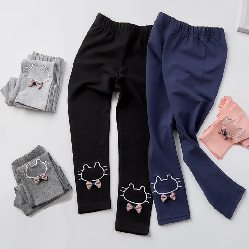 2023 Children Girls Leggings Cotton Elastic Waist Spring Autumn Thin Warm Plus Cute Print Bow Cat Kids Baby Bottom Part Pants