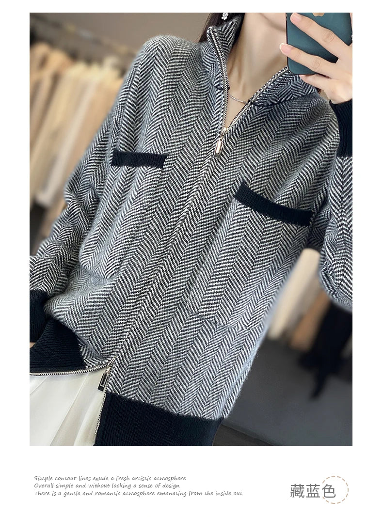 100% Merino Wool Women Sweater Casual Turtleneck Fancy Yard Cardigan Female Knitwear Long Sleeve Cashmere Overcoat Clothing Tops