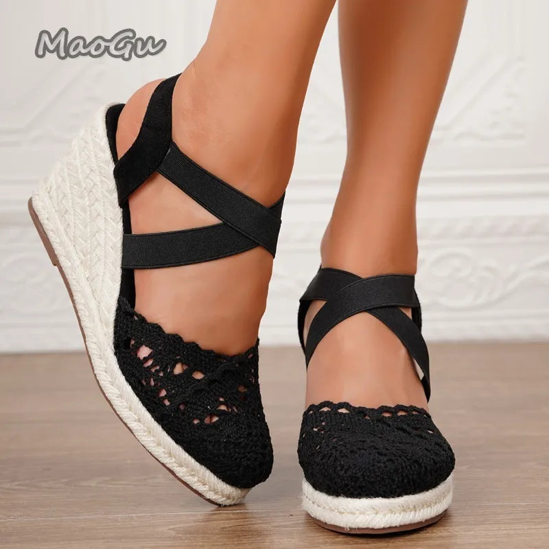 Women's Espadrilles Summer Lace Wedge Sandals Cover Toe Elastic Ankle Strap Shoes Ladies Platform Espadrille Comfortable Shoes