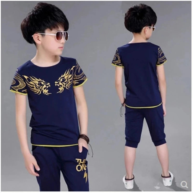 2024 New Boy Suit Summer Children's Clothing Cotton Casual T-shirt + Shorts 2 Piece Boys Set Dragon Pattern For 6 8 10 12 Years