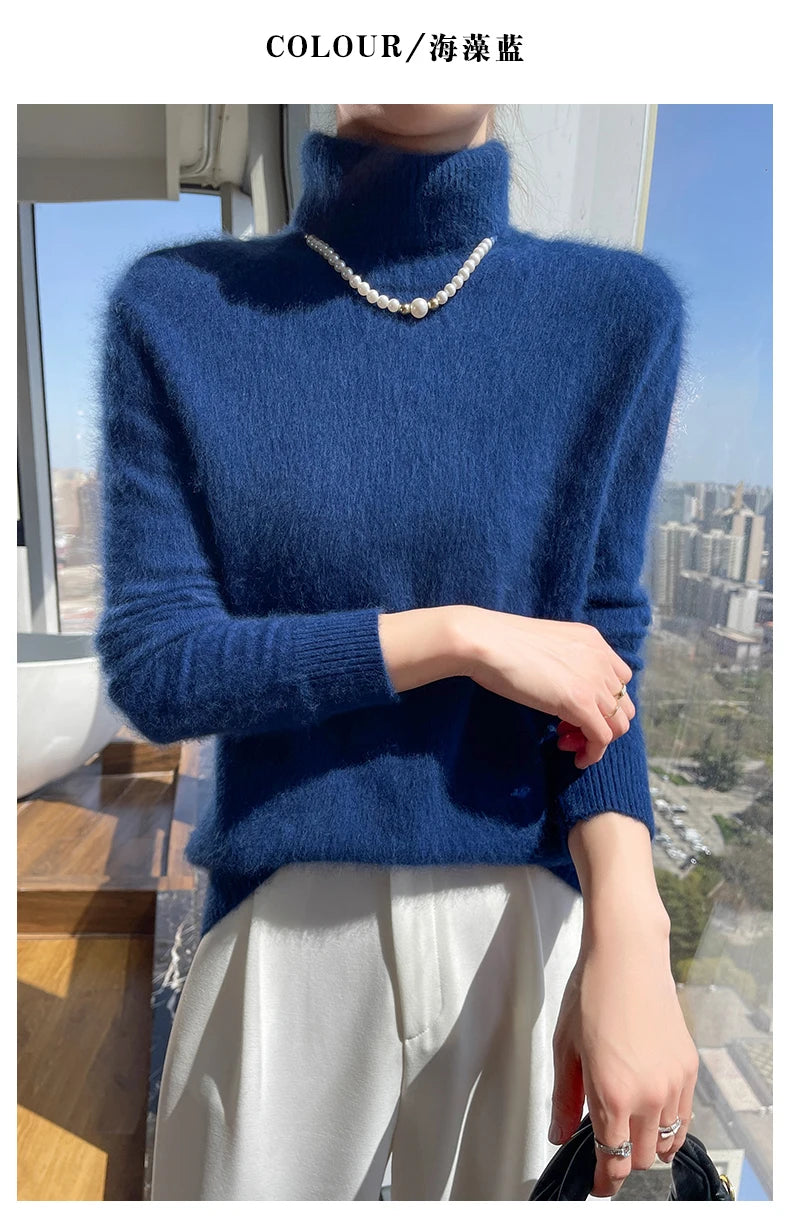 100% Mink Cashmere Top-Lapel Women Sweater Long-sleeves Fashion High-elasticity Sexy Winter Knitted Pullover Girl Tops 2024