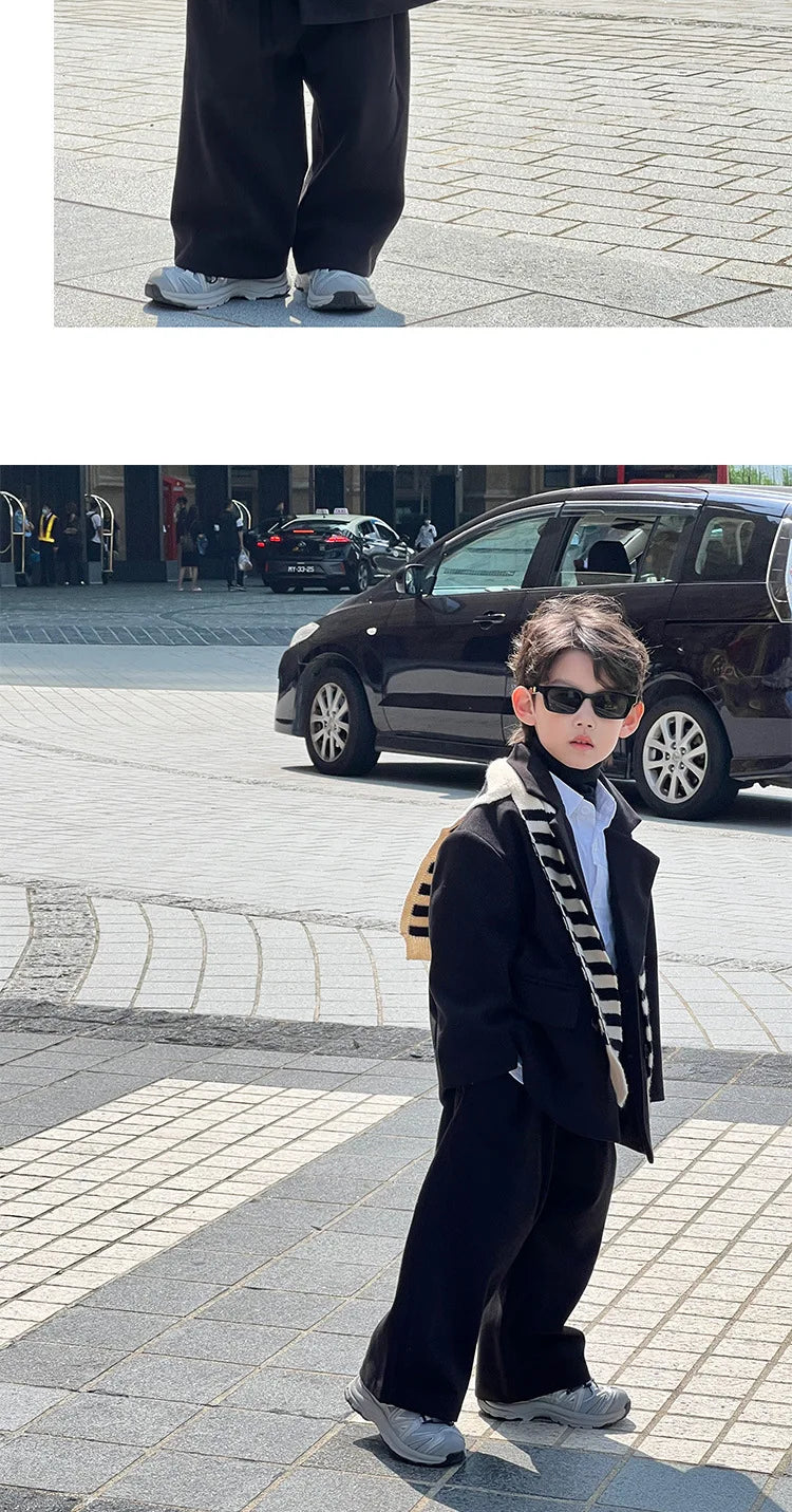 Boys Woolen Suit Set Autumn Winter Thicken Warm Casual Blazers Trousers Two-piece Children White Wedding Outfits 2 To 12 Years