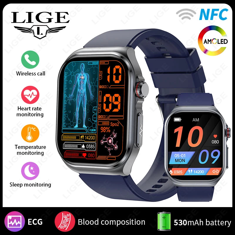 LIGE New ECG+PPG Smart Watch Micro Physical Examination Blood Lipids Uric Acid NFC Bluetooth Call Health Smartwatch Men Women