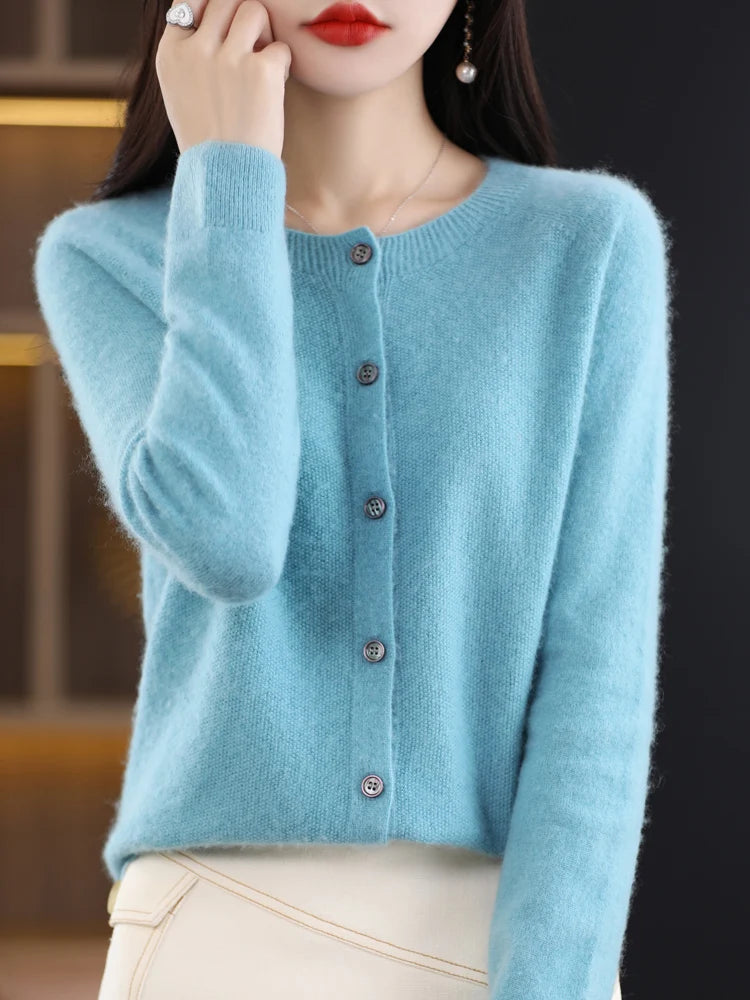 Women Cashmere Sweater 100% Merino Wool Knitted Cardigan Autumn Winter  Knitwear O-Neck Female  Solid Color Casual Fashion Top