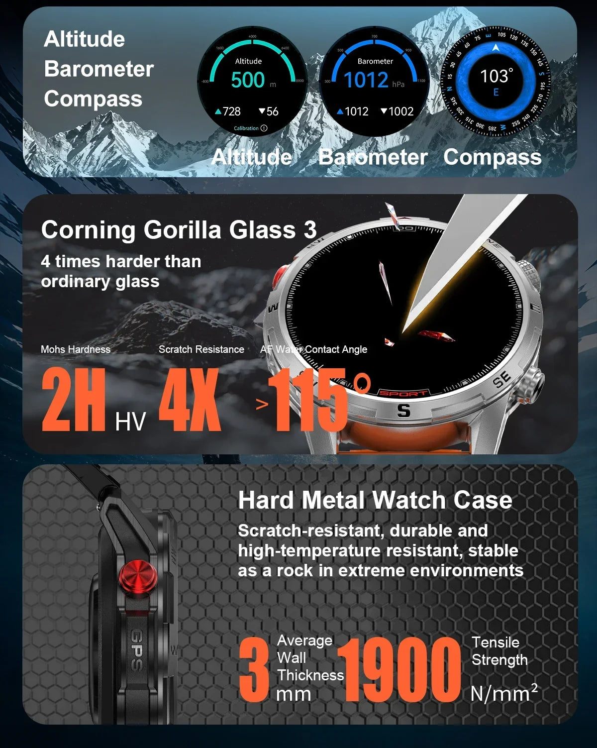 New Outdoor Smart Watch 1.43inch Screen 2GB Memory Map Navigation GPS Positioning 5ATM Waterproof LED Flashlight Smart Watch