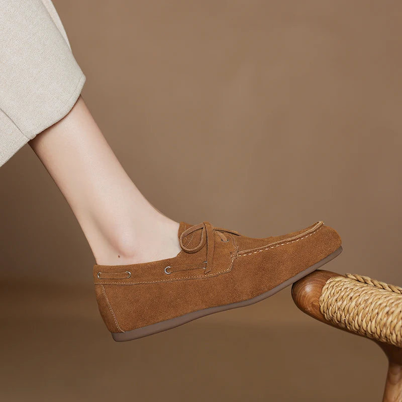 2026 New Spring Genuine Leather Women Shoes Round Toe Women Flats Shoes for Women Retro Lace Up Loafers Fashion Ladies Shoes