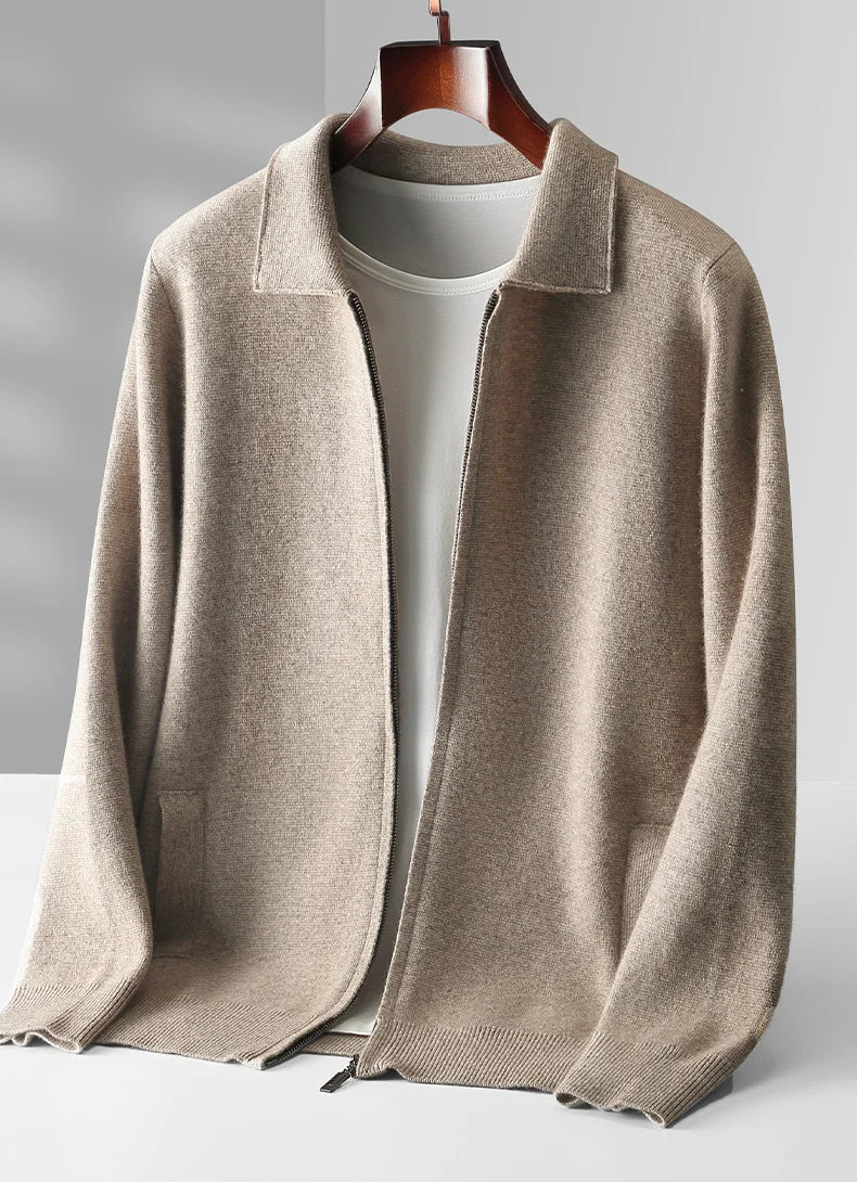 Men's Cardigan 100% Pure Cashmere Jacket Zippered Lapel Knit Sweater, Loose Thickened Long Sleeved Business Casual Autumn Winter