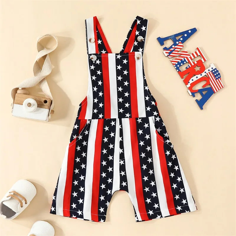 Toddler Baby Girl Boy 4th of July Outfit American Flag Overalls Romper with Pocket Patriotic Day  Jumpsuit