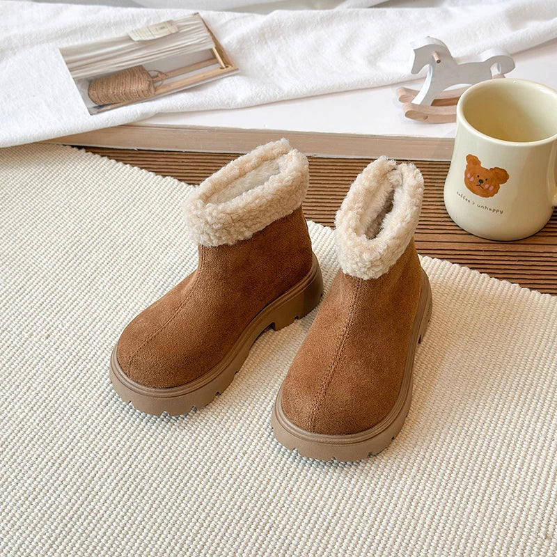 Children's Winter Boots 2025 New Girls Classic School Ankle Boots Outdoor Warm Plush Fashion Kids Simple Platform Cotton Boots
