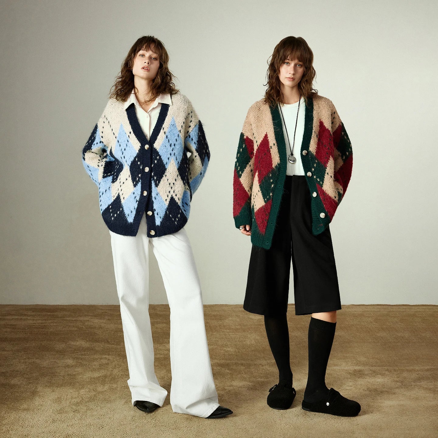 TOYOUTH Women Sweater Coats 2025 Winter New Retro Nordic Colorblock Argyle V-Neck Loose Wool-Blend Outerwear