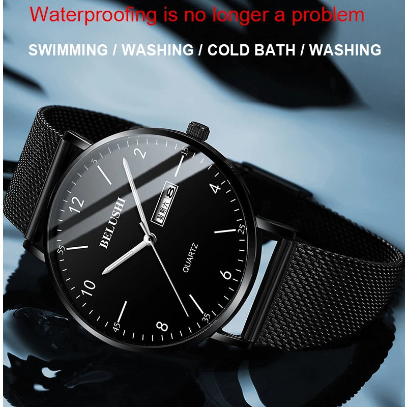 BELUSHI Quartz Watch for Men Luxury Mesh Steel Casual Watches Waterproof Business Male Wristwatch