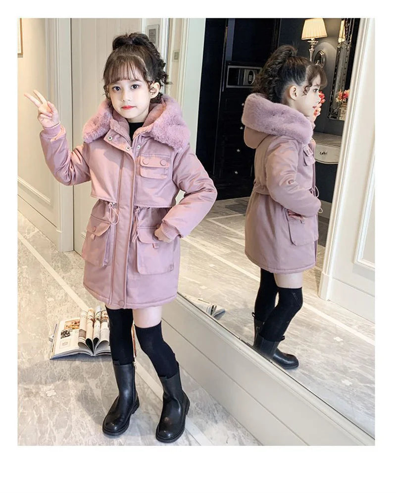 -30° Girls Cotton Coats Winter Plus Velvet Jackets Kids Hooded Outerwear Solid Colour Casual Overcoat Warm Thicken Parkas