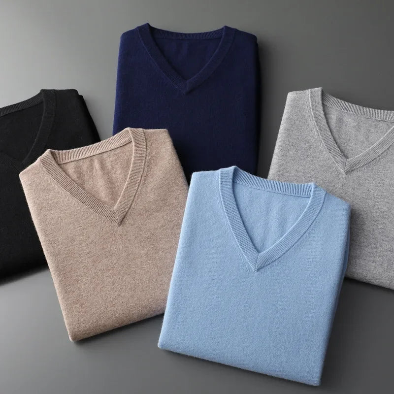 Cashmere Cotton Blend Classic V-neck Knitted Sweater Men Pullover 2024 Autumn Winter Soft Warm Business Casual Jumper pull homme