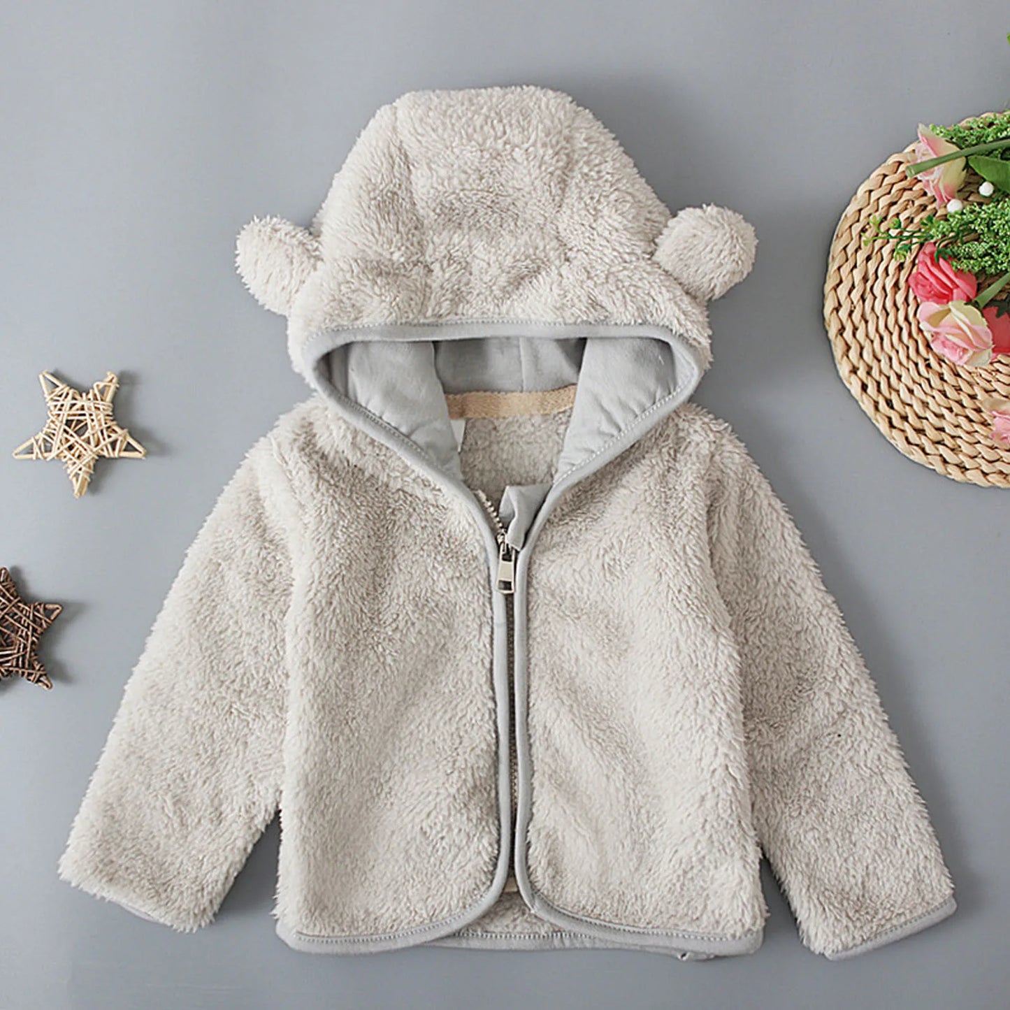 Chaqueta con capucha de lana para bebés recién nacidos, abrigo con orejas de oso y cremallera de manga larga, traje de nieve bonito, ropa de abrigo térmica para niños pequeños