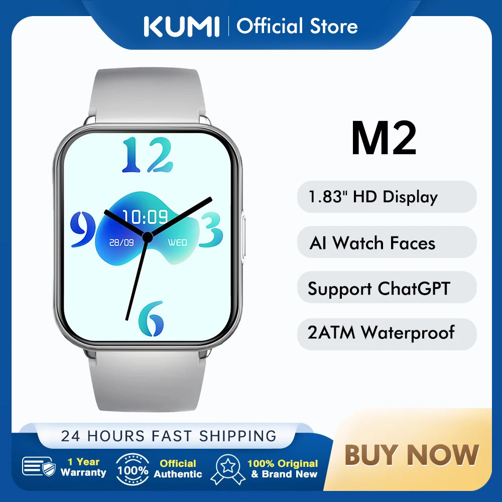 KUMI M2 Smart Watch 1.83" HD Screen ChatGPT 100+ AI Watch Faces Bluetooth Calling 100+ Sports Modes Health Monitoring 2ATM