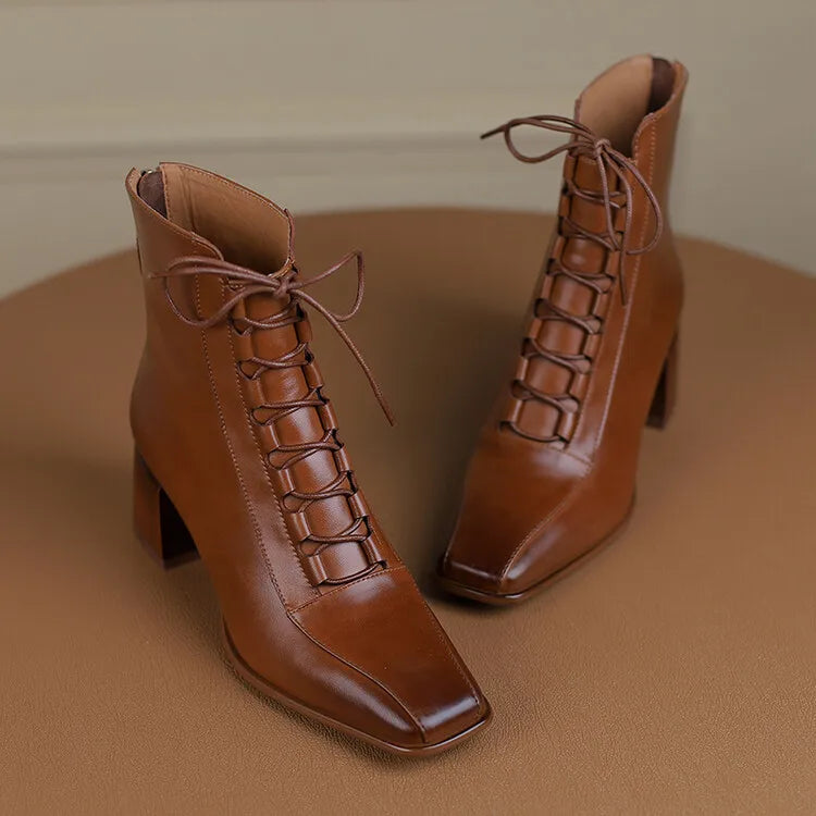 2022 Autumn Women Boots Square Toe Back Zipper Women Shoes Chunky Heels Shoes for Women High Heel Boots Vintage Leather Shoes