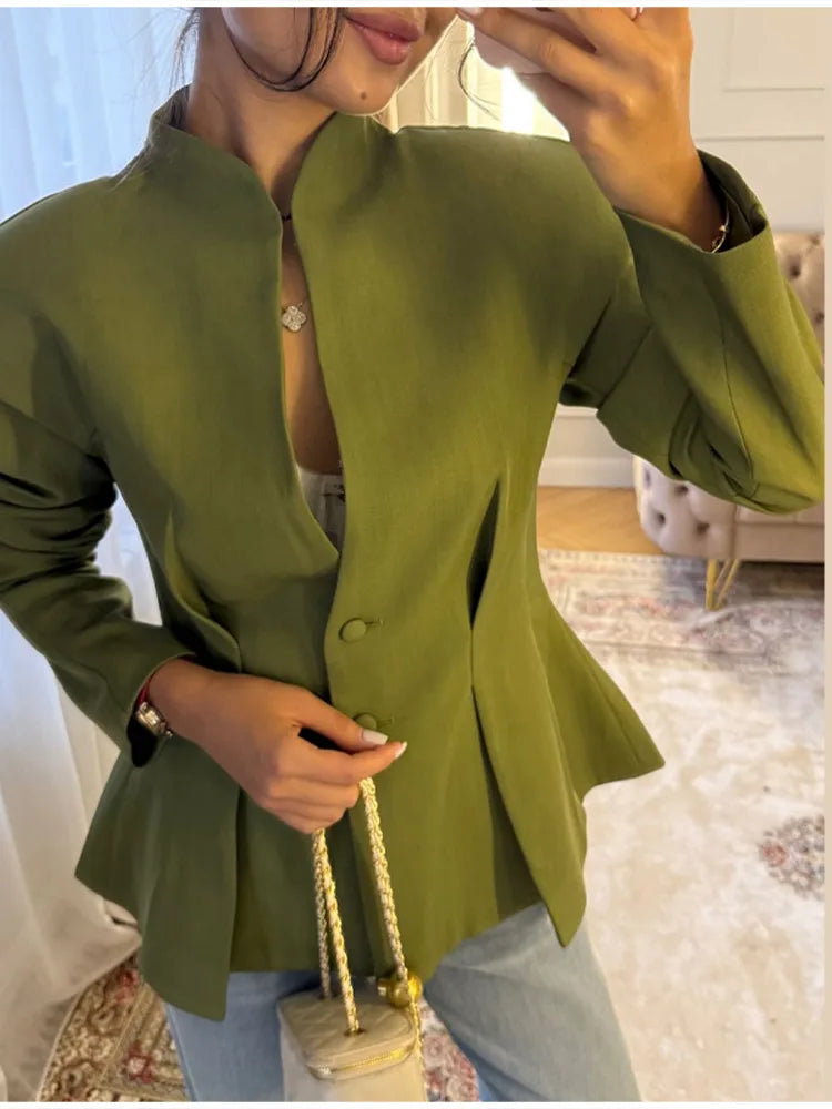 Elegant Pleated Waist Cinched Women's Jacket  Chic V Neck Single Breasted Lace Up Coat 2026 Lady Casual Slim Commute Outerwear