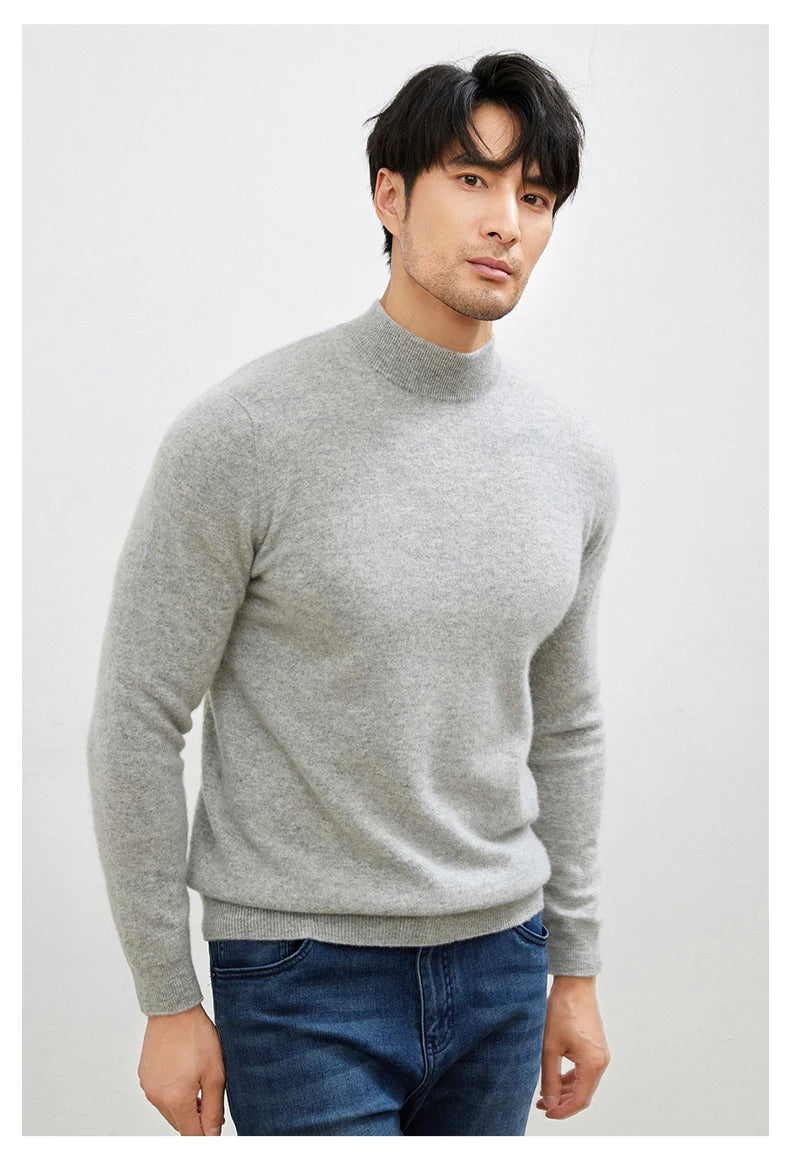 100% Pure Cashmere Men's Sweater Half High Neck Pullover Youth Business Casual Long Sleeve Jumper Spring/Autumn High-End Jacket