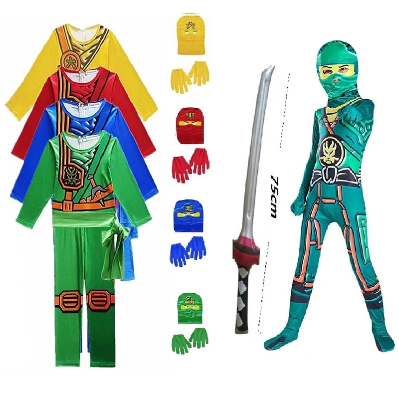 Boys And Girls Children Ninja Cosplay Street Costume 5 Colors Red Yellow Blue Green Black Jumpsuit Set Halloween Christmas Party