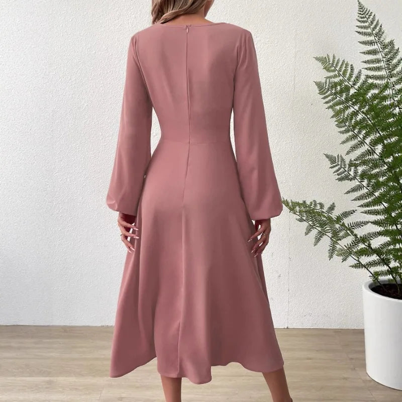 European American Fashion Spring Summer Fashion V-neck Lantern Long-sleeved Skirt Twisted Edge Elegant Mid-length Dress