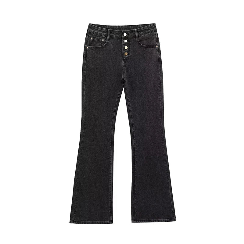 Women's Jeans Basic All-Match Slimming Denim Pants Fashion Metal Button High Waist Flared Pant High End Sense Casual Trousers