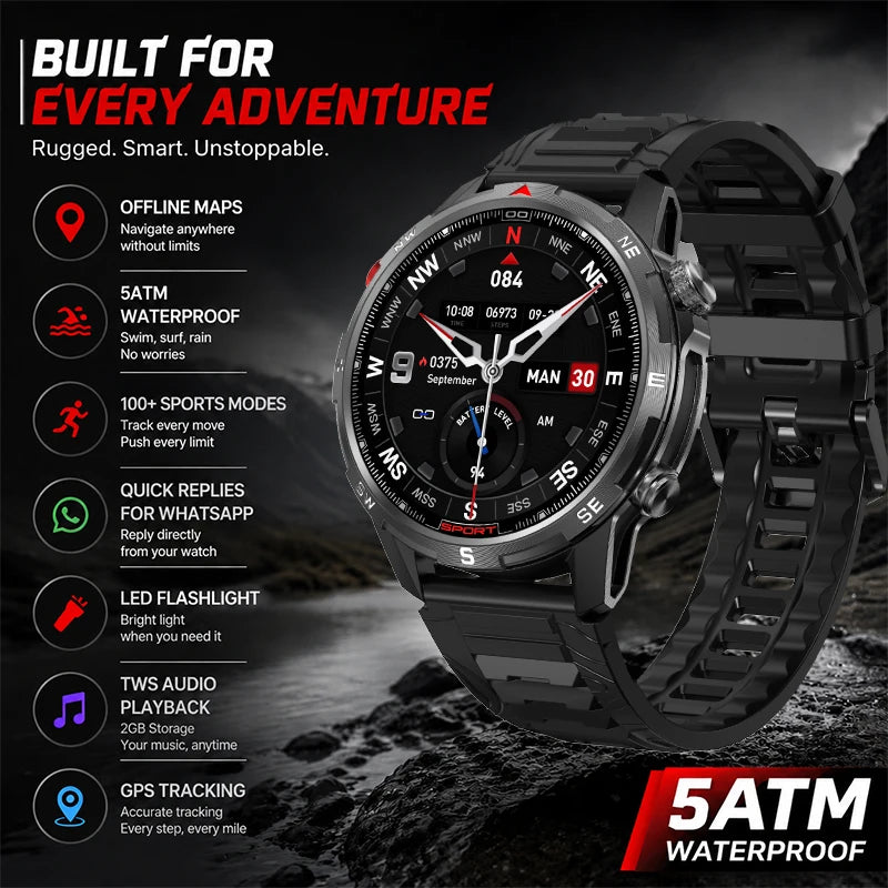 New Outdoor Smart Watch 1.43inch Screen 2GB Memory Map Navigation GPS Positioning 5ATM Waterproof LED Flashlight Smart Watch