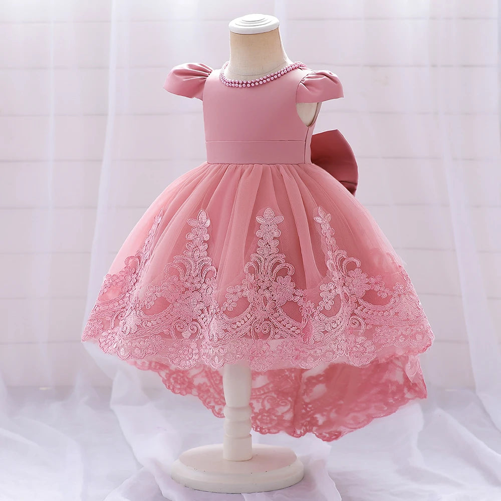 Vestido de bebé con lazo para niña, vestido de princesa de tul con cuentas, bordado de 1er cumpleaños, vestidos de fiesta para niña, disfraz de bautismo rosa