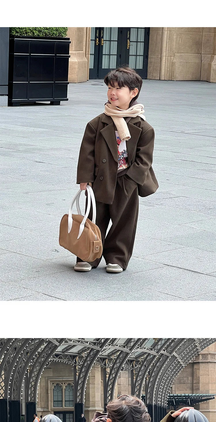 Boys Woolen Suit Set Autumn Winter Thicken Warm Casual Blazers Trousers Two-piece Children White Wedding Outfits 2 To 12 Years