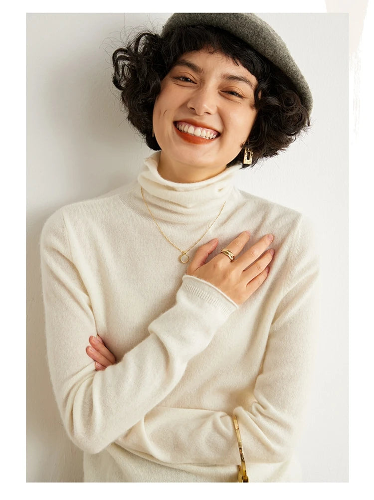 Women's 100% Cashmere Sweater Casual Solid Color Knitted Pullover Loose High Neck Jumper Autumn/Winter Warm Blouse Tops