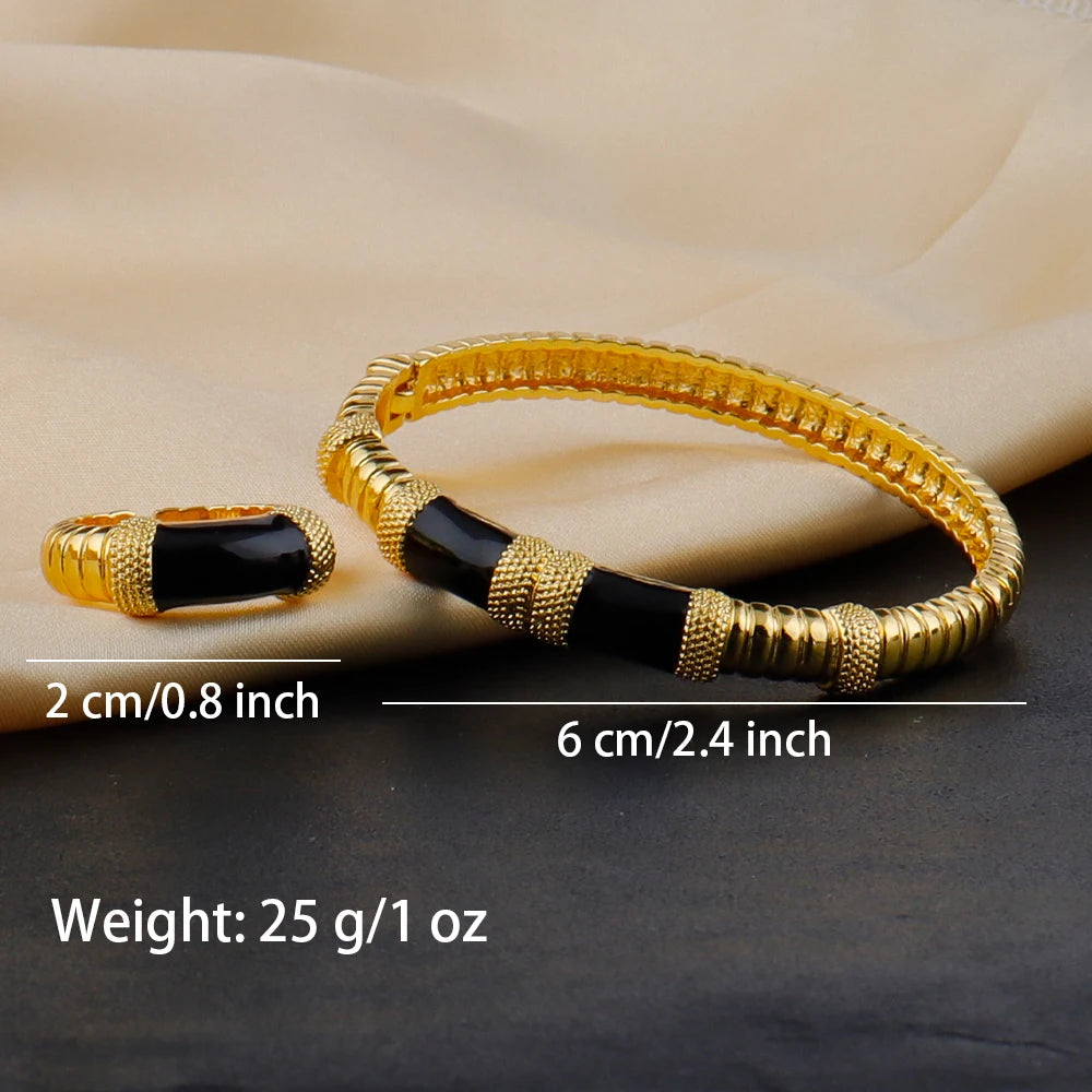 18K Gold Color Plated Dubai Bracelets Luxury Arabian Wedding Jewelry Sets, Hidden Buckle Women’s Bracelets and Rings Jewelry Set