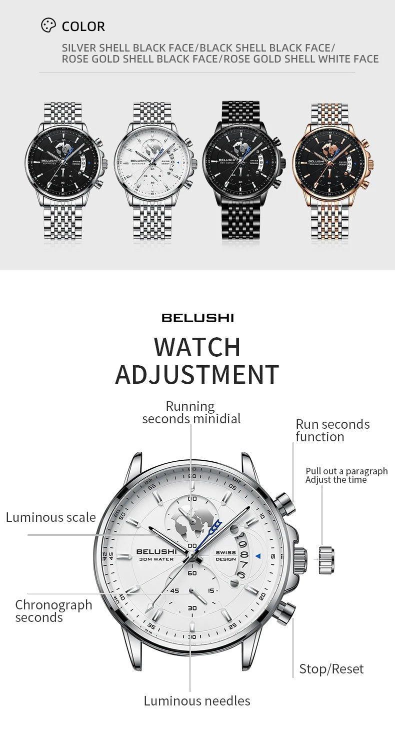 BELUSHI Hot Style Mens Watches Steel Strap Date Quartz Clock Sport Chronograph Men Watch Luminous Waterproof Wristwatches