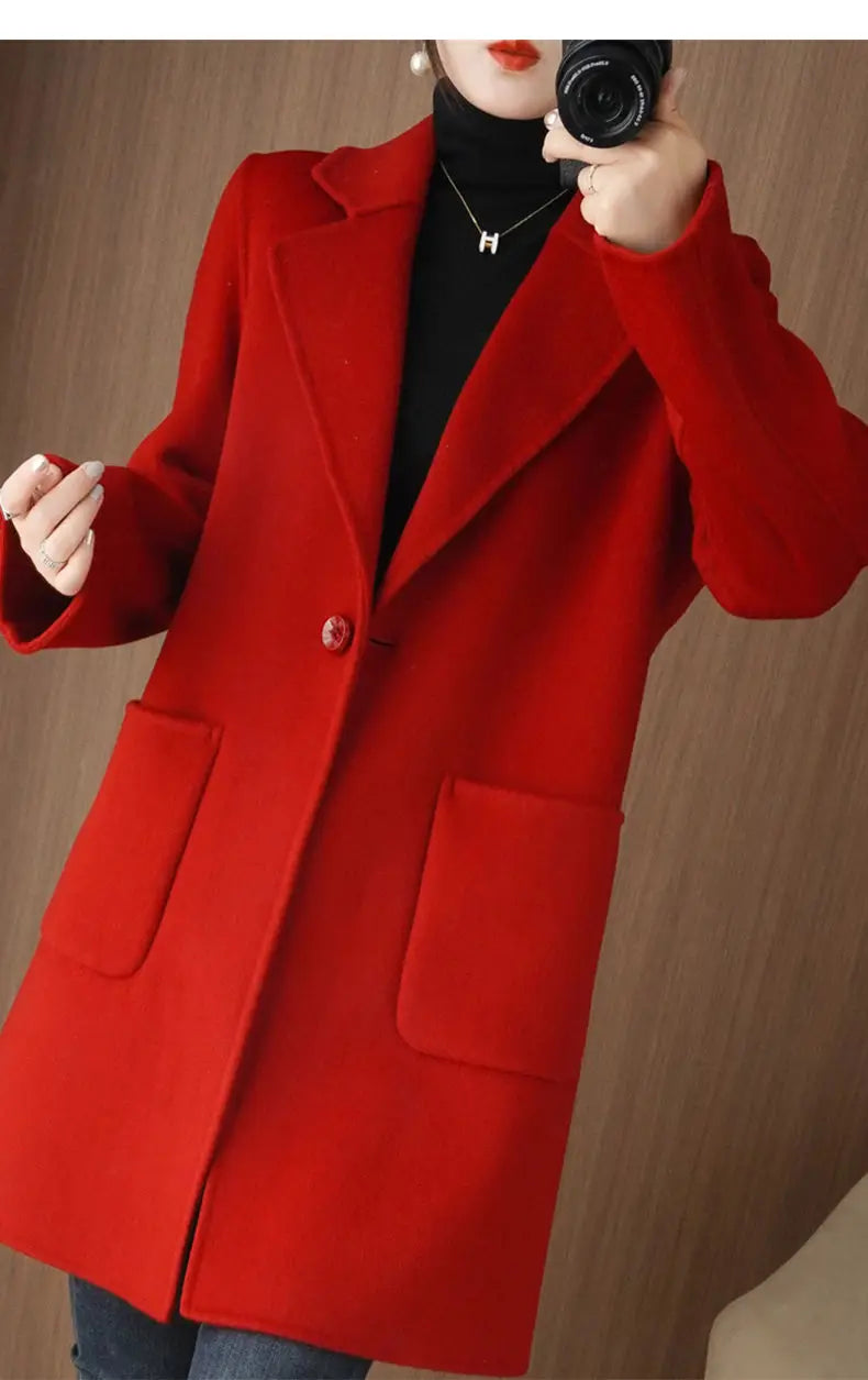 100% Pure Wool Double-Sided Cashmere Jacket Women Overcoat  Autumn Winter New Mid-Length One-Button Slim Wool Windbreakers coat