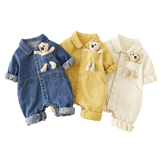 Monos de mezclilla de otoño para bebé, mono bonito con bolsillo de oso para niños y niñas, monos para recién nacidos, mono coreano para niños pequeños, ropa de primavera para niños