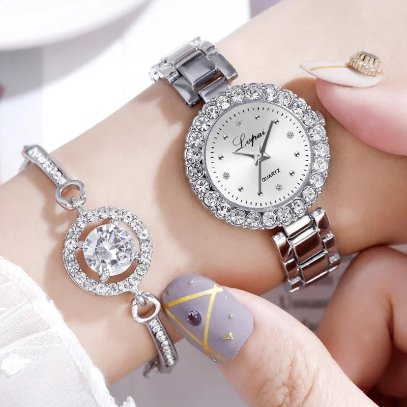 2PCS Set Luxury Alloy Bracelet Quartz Watch with Rhinestone Diamond Dial, Hidden Clasp for Women reloj mujer