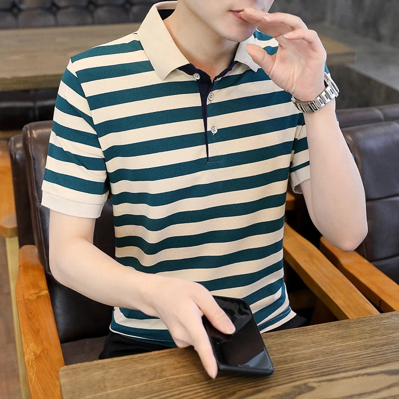 Elegant Fashion Harajuku Slim Fit Ropa Hombre Loose Casual All Match T-shirts Stripe Button Lapel Collar Short Sleeve POLO Shirt