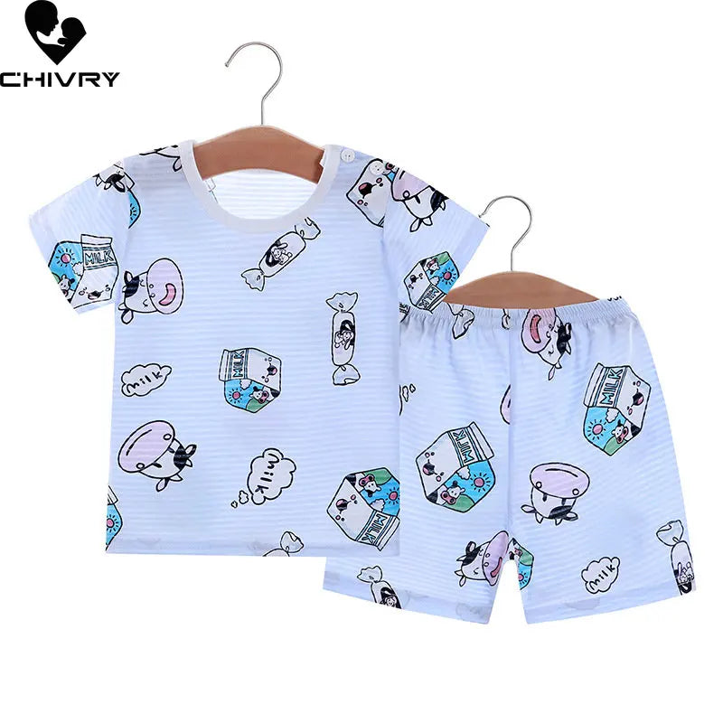 Pijamas para niños y niñas, Tops finos y transpirables de manga corta con cuello redondo y pantalones cortos, conjuntos de ropa para dormir para bebés, verano 2023