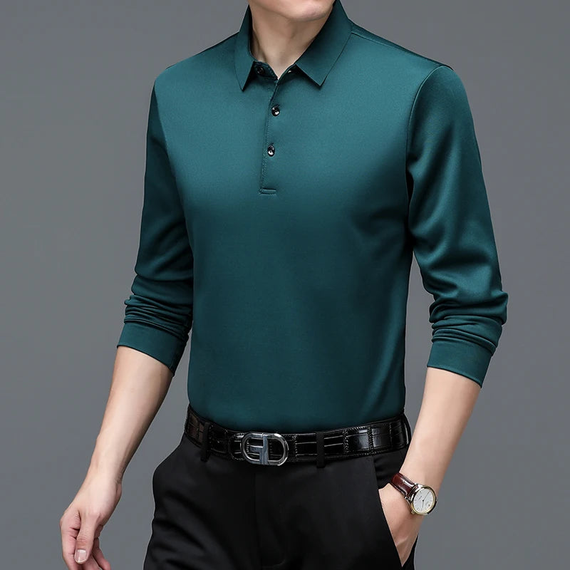 Fashion Brand Luxury Zipper Polo Shirt  Men's Solid Lapel Long-sleeved Polos Shirt Male Thin Tee Shirt Casual Loose Polo Tops