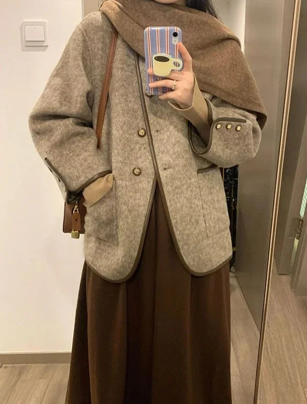 Wool Blend Coat for Women Short Plain Half Long Sleeve Elegant Mixtures Jacket Woman Fashion 2025 Winter Clothes Single Cheap