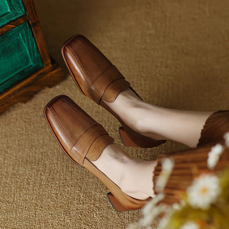2024 Spring New GENUINE LEATHER Women Shoes LEISURE Women Slip-On Shallow Pumps Square Toe Heels Shoes Women Zapatos De Mujer