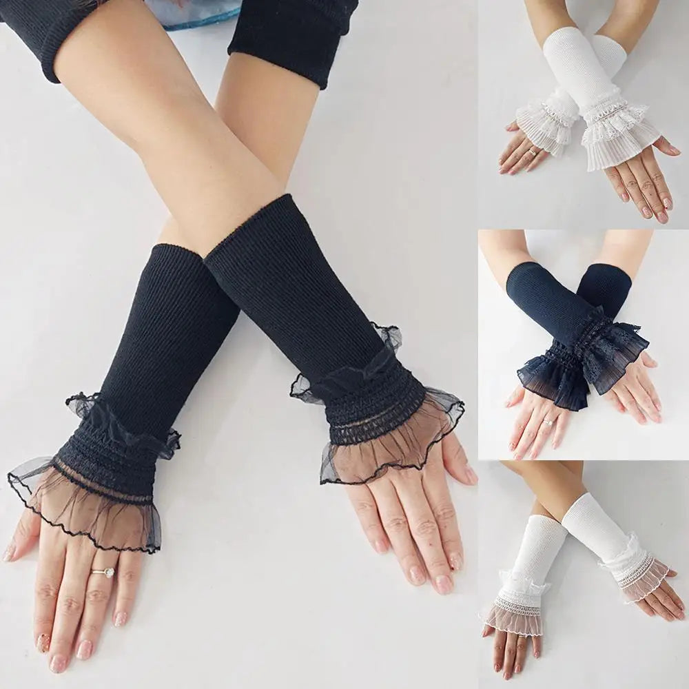 Women Sweater Fake Sleeves Hollow Out Crochet Floral Lace Horn Cuffs Embroidery Ruffles Elastic Wrist Warmers Lolita False Cuffs