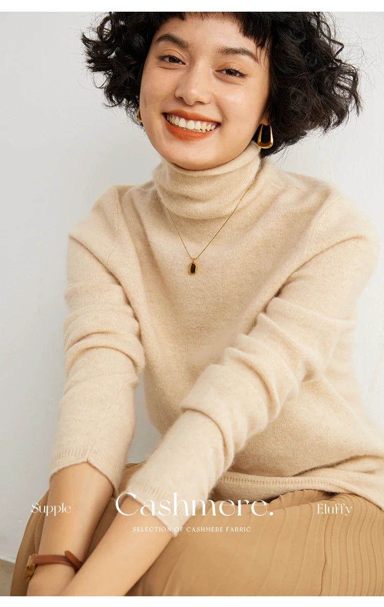 Women's 100% Cashmere Sweater Casual Solid Color Knitted Pullover Loose High Neck Jumper Autumn/Winter Warm Blouse Tops