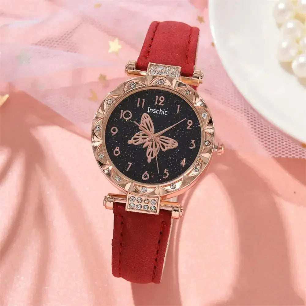 2PCS Set Creative Women Watch Quartz Butterfly Starry Wristwatches Luxury Rhinestone Watches for Ladies Relogios Feminino No Box