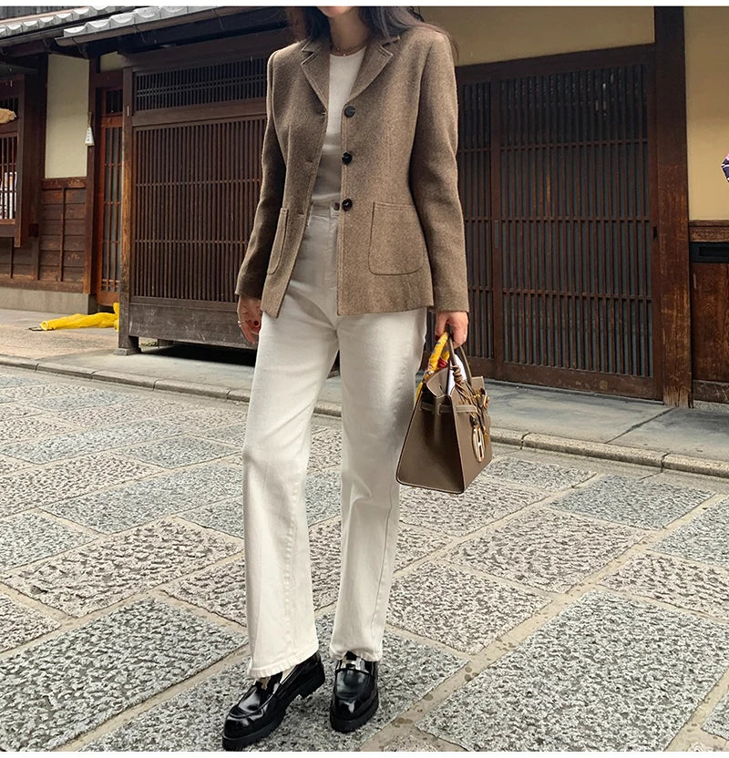 50 Wool Women Notched Collar Blazer Jacket Coat Fall Winter Thick Warm Overcoat Pocket Fashion Slim Waist Buttons Coat 2024 New