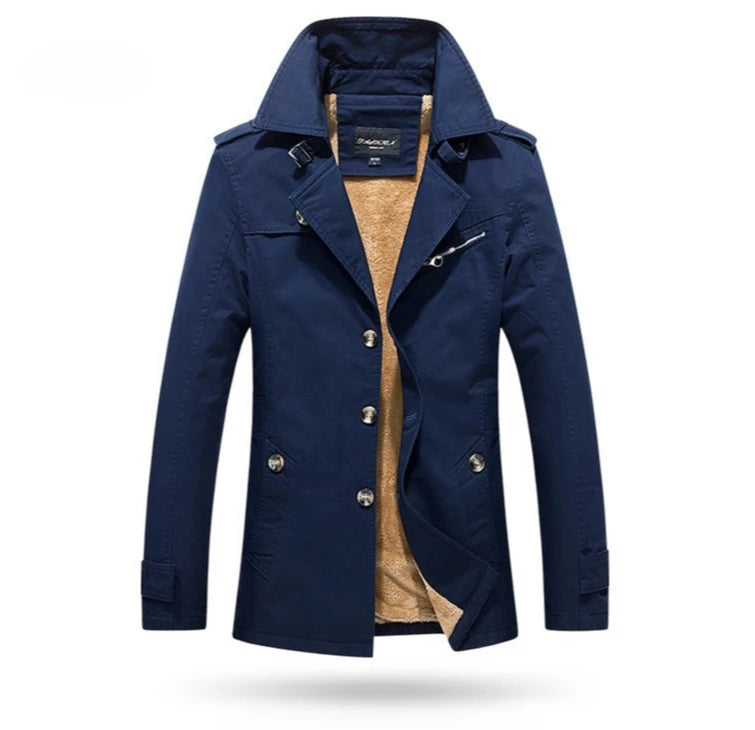 Men's Long-Sleeve Fleece-Lined Jacket, New Winter Style Collared Warm Coat, Available in Black, Blue, Khaki, and Army Green.