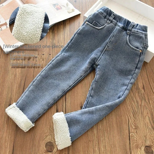 Toddler Baby Winter Jeans Children Thick Velvet Warm Denim Pants for Girls Slim Leggings Kids Blue Fleece Trousers