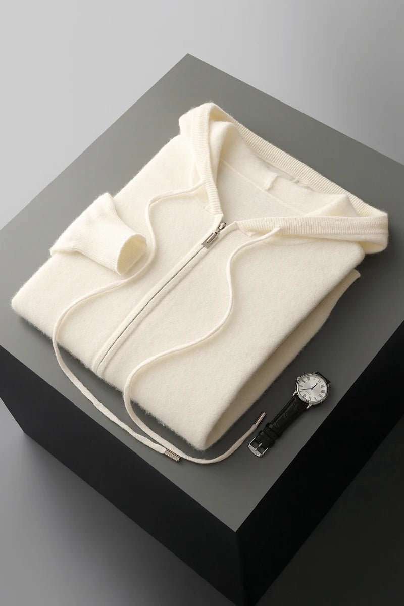 2025 New Men Knitted Plane Hooded Cardigan Cashmere Sweater Zipper Design Pocket Decoration High quality Thick Warmth Hoodie