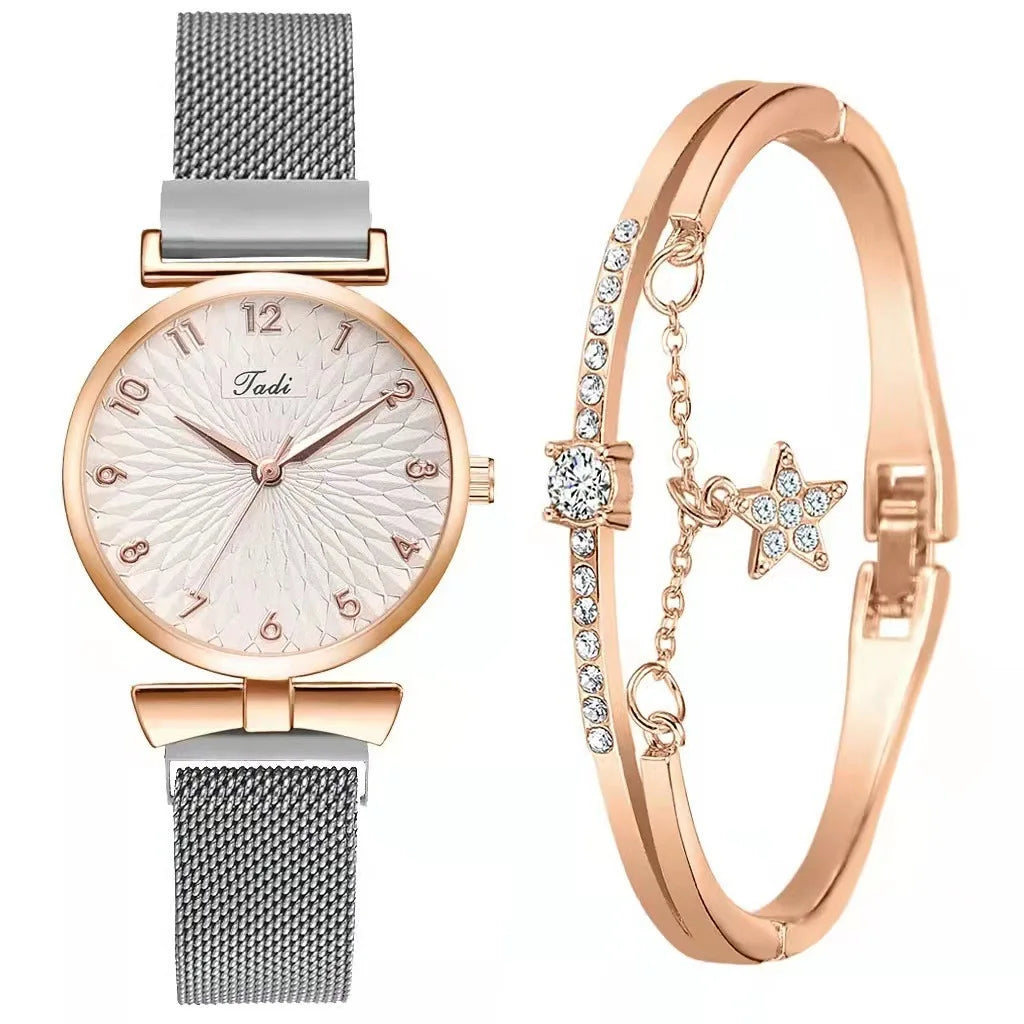 Fashion Women Watches Luxury Leather Buckle Flower Rhinestone Watch Ladies Quartz Wrist Watch Bracelet Set Reloj Mujer