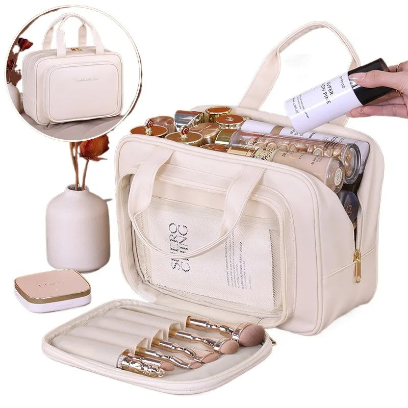 Large Capacity Makeup Bag for Women – Portable Cosmetic Organizer with Brush Holder & Carry Handle, Travel-Friendly Makeup Case