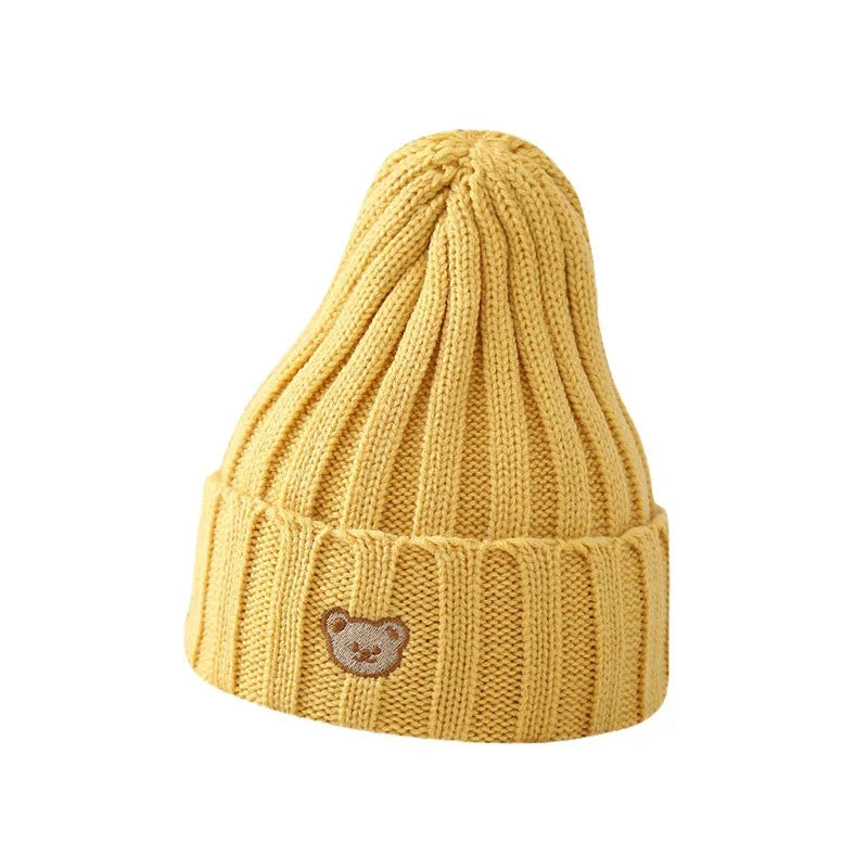 Gorro de invierno para bebé, gorro tejido de algodón para otoño, gorro para niños y niñas, bonito oso de dibujos animados, gorro suave y cálido de Color sólido para niños